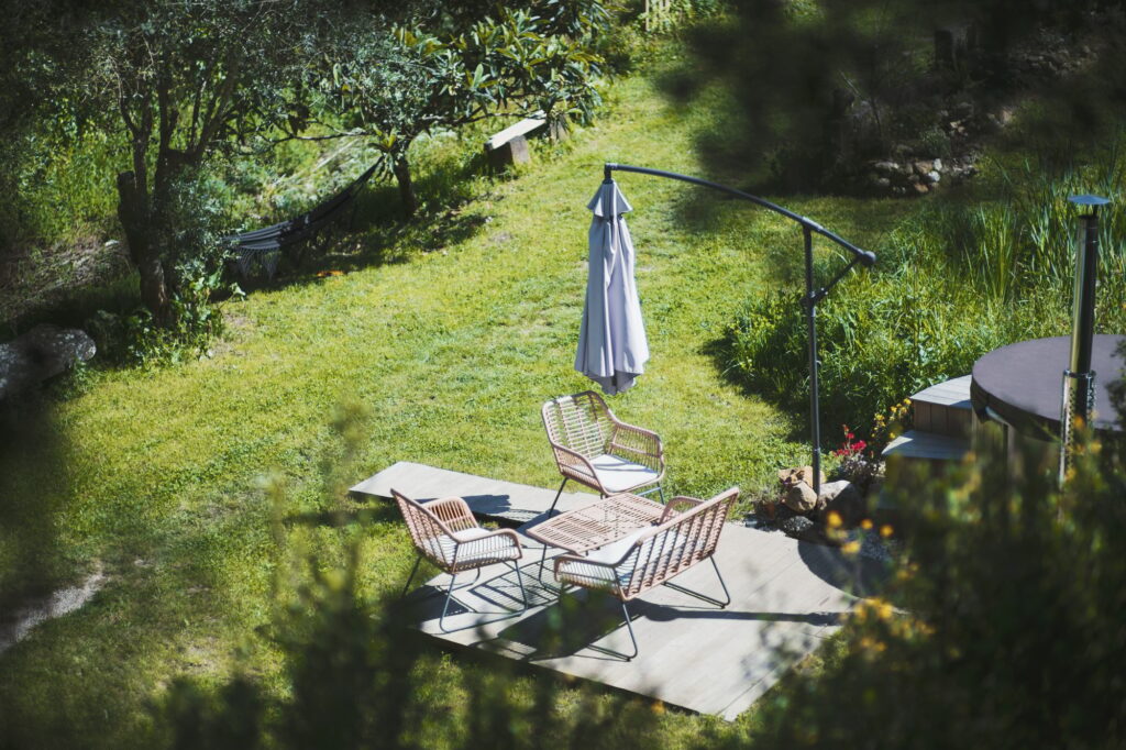 Garden lounge with wicker chairs