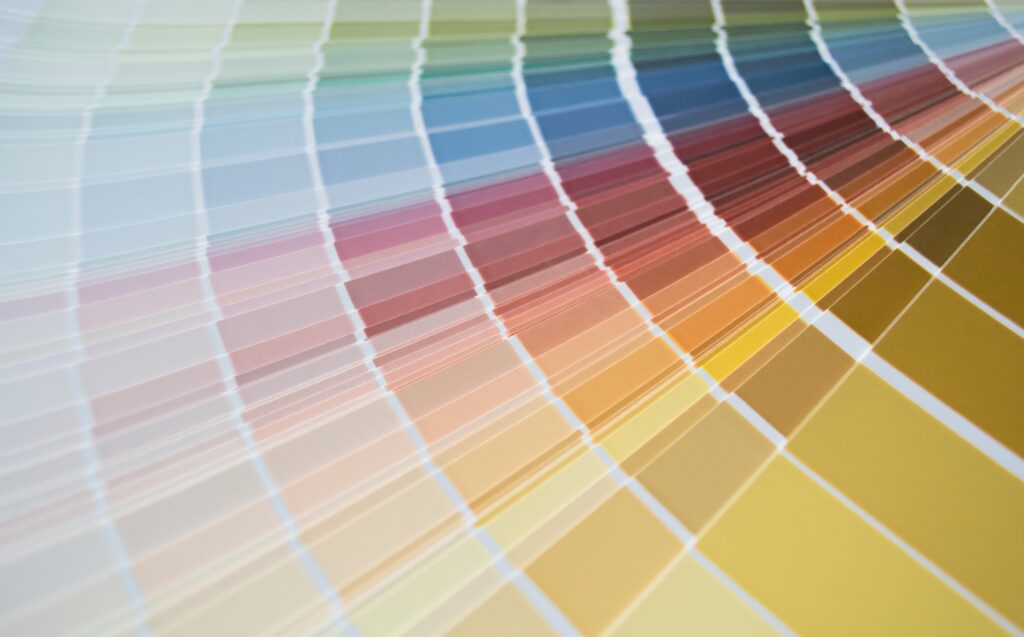 Paint samples colors swatch, interior design. Abstract background copy space. Multicolored wallpaper